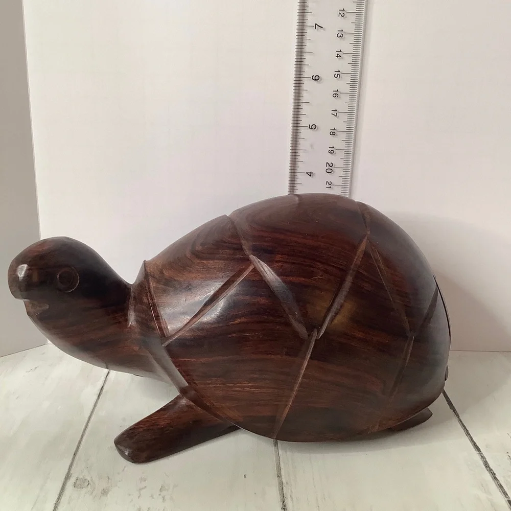 Vintage Handmade Wooden Turtle Statue Carved Wood Folk Art Animal Figurine